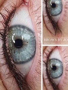 close up of semi permanent eyeliner at brows by jo in banbury